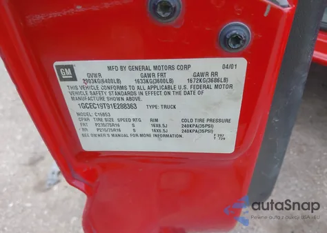 2001 Chevrolet Silverado 1500 from USA, damaged, VIN 1GCEC19T91E288363